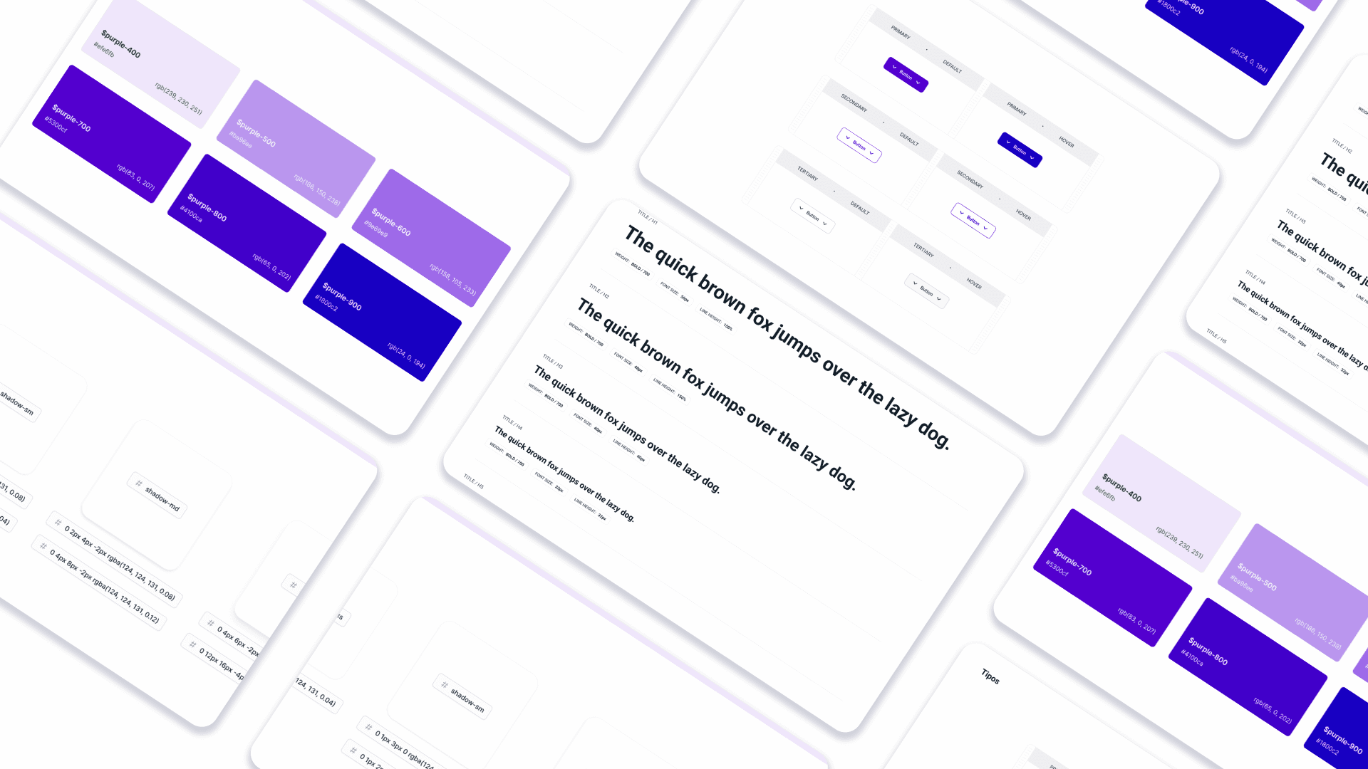 Painéis de cores, tipografia e componentes do design system